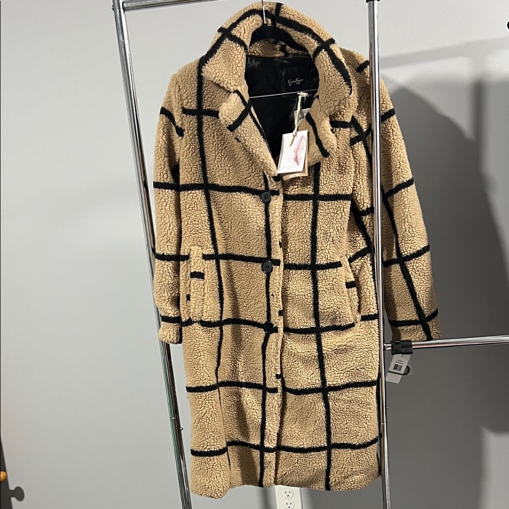 Jessica Simpson Plaid Teddy Jacket in Tan and Black